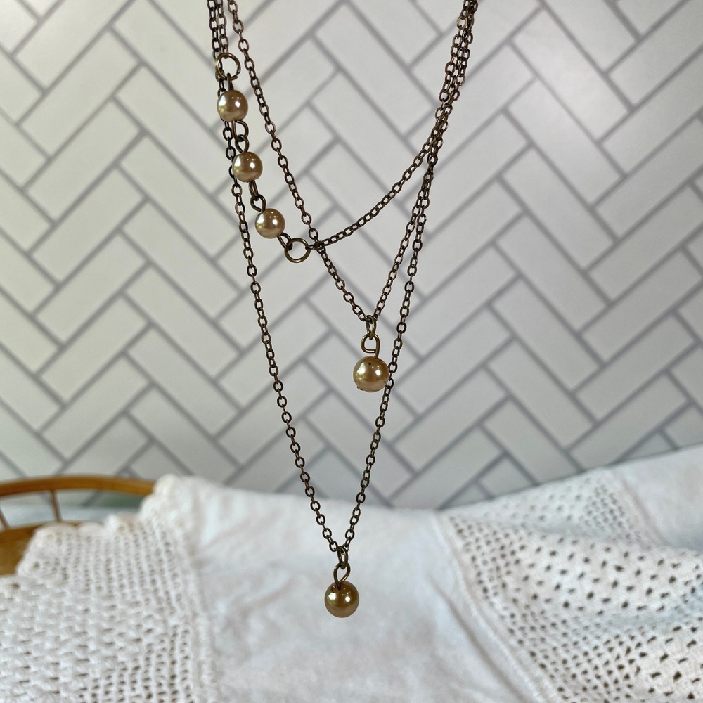 Paparazzi Bronze Layered Necklace Earring Set Faux Pearl Champagne Gold Tone